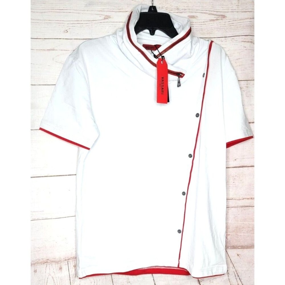 Vassari Los Angeles High Zipper Collar Large Red White Designer Shirt